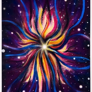May include: Abstract painting of a colorful burst of energy. The artwork features a central bright light radiating outwards with streaks of blue, yellow, pink, and purple against a dark background with white dots.