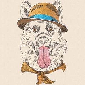 May include: An embroidered design of a dog's face, wearing a brown hat with a blue band and a yellow scarf. The dog has its tongue sticking out. The design is on a cream-colored background.
