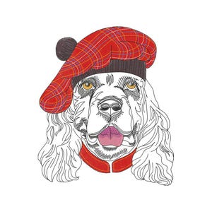 Könnte beinhalten: Illustration eines Hundes mit roter Schottenmütze mit dunkelbraunem Bommel und rotem Kragen. Der Hund hat weißes Fell mit schwarzen Umrissen und gelben Augen. Die Zunge des Hundes ist rosa.