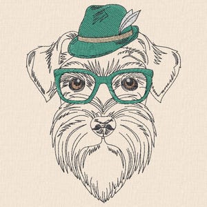 May include: Embroidered image of a dog's face wearing a green hat with a feather and green glasses. The dog has a long white beard and brown eyes. The image is a line drawing on a beige background.