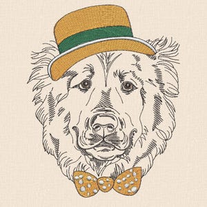 May include: Embroidered image of a dog's face wearing a yellow hat with a green band and a yellow bow tie with white polka dots. The dog's fur is detailed with black thread on a beige background. The design has a vintage, whimsical feel.