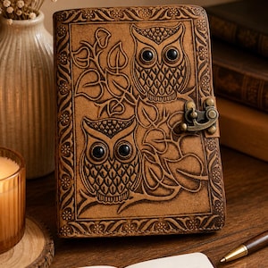 Handmade Leather Journal with Owl or Cat Design, Vintage Writing Diary with Lock, Meaningful Birthday Gift for Writers