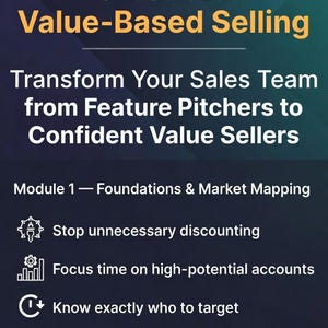 Puede incluir: Gráfico promocional para formación en ventas, con el texto "M.A.S.T.E.R. Value-Based Selling". La imagen destaca puntos clave de la formación, como detener los descuentos y dirigirse a cuentas de alto potencial. El fondo es un degradado de verde azulado oscuro y azul marino.
