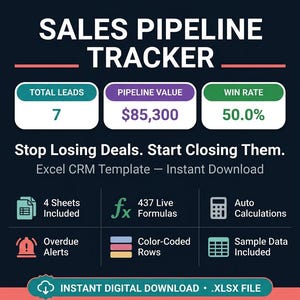 Plantilla práctica de Excel para CRM de canalización de ventas, panel de ventas, seguimiento de clientes potenciales, hoja de cálculo de embudo de ventas, herramientas para representantes de ventas digitales