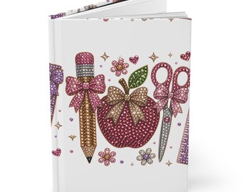 Glamoureus schoolspullen hardcover dagboek | Potlood met strass-steentjes en appelpatroon voor schaar