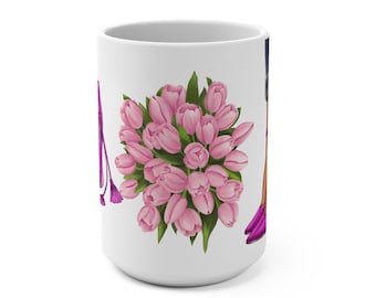 Keramische mok van 15 oz met roze tulpen en ontwerp met paarse hakken