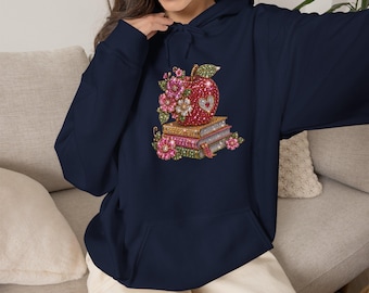 Hoodie met bloemenprint en appelstapel | Vintage boeken, ontwerp voor schoolleraar