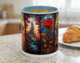 Betoverd gebrandschilderd glas nam accentkoffiemok toe | Op Belle en het Beest geïnspireerd: subliminaal gekleurd glas
