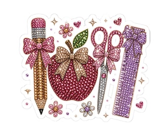 Glitterende sticker voor schoolspullen | Potlood, appel, schaar, liniaal, gestanste sticker