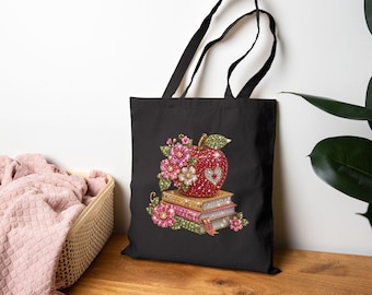 Sprankelende appel en boeken draagtas | Leraar Bloemen School Design