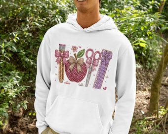 Hoodie met strass-design voor de start van het schooljaar | Potlood, appel, schaar en liniaal