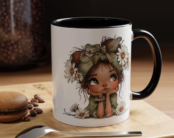 Whimsical Daisy Girl Floral Cottage Coffee Mug | Boho Spring 11oz 15oz
