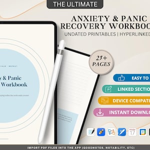 Op de afbeelding: Een digitaal werkboek voor angst- en paniekherstel weergegeven op een tablet met een stylus. De tekst luidt THE ULTIMATE ANXIETY & PANIC RECOVERY WORKBOOK, 25+ PAGES, EASY TO USE, LINKED SECTIONS, DEVICE COMPATIBLE, INSTANT DOWNLOAD, IMPORT PDF FILES.