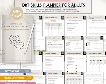 Pode incluir: Um planejador digital de habilidades DBT para adultos com capa bege, design em arco, ícones de balão de fala e uma caneta stylus. O conjunto inclui 68 páginas de modelos como Self-Soothe Kit Planner e Feel-Good Reminders.
