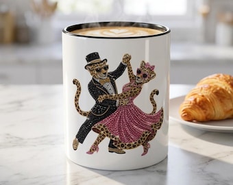 Mok met dansend luipaardpaar | Decoratieve koffiemok 325 ml / 440 ml | Een cadeau voor kattenliefhebbers