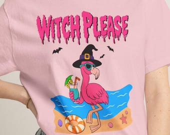 Camiseta gráfica de Halloween con flamenco y estampado de bruja "Por favor, hazme caso" para la playa.