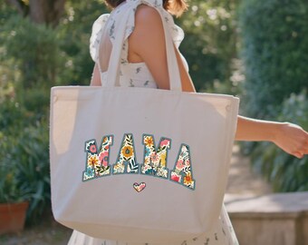 Mama Tote Bag, Floral Mother Bag, Aesthetic Flower Design, Reusable Canvas Bag, Gift for Mom, Mothers Day Gift, Everyday Shopping Bag
