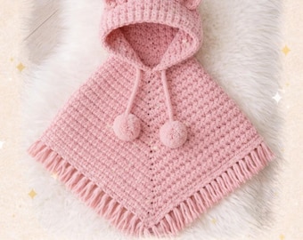 Baby Poncho Crochet Pattern PDF | Bear Hooded Baby Poncho 0-24 Months | Easy Beginner Crochet Pattern | Baby Cape with Hood
