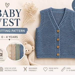 May include: A blue knitted baby vest with wooden buttons. The image includes the text "BABY VEST KNITTING PATTERN 0-4 YEARS" and a PDF icon. The vest is displayed with a teddy bear and other knitted vests in different colours.