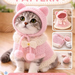 Könnte beinhalten: Eine Katze trägt ein rosa Häkeloutfit mit Kapuze und Bärenohren. Das Outfit umfasst einen Pullover mit cremefarbenem Kragen und einer Schleife. Das Bild zeigt auch eine Häkelanleitung für ein Katzenoutfit.