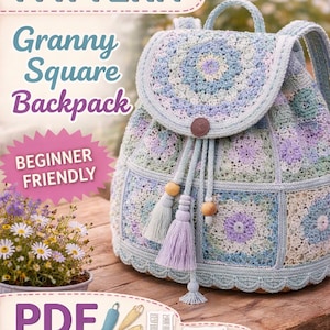 May include: A crocheted Granny Square backpack in shades of blue, purple, and cream. The backpack has a flap closure with a wooden button and drawstring tassels. The image includes text that reads "CROCHET PATTERN", "Granny Square Backpack", "BEGINNER FRIENDLY", and "PDF TUTORIAL".