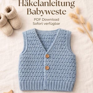 Könnte beinhalten: Eine hellblaue, handgehäkelte Babyweste mit zwei Holzknöpfen. Die Weste hat ein strukturiertes Stichmuster und einen gerippten Saum. Das Bild enthält den Text "Häkelanleitung Babyweste" und "PDF Download Sofort verfügbar".