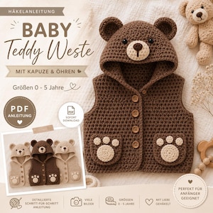 Könnte beinhalten: Eine gehäkelte braune Babyweste mit Bärenkapuze und pfotenförmigen Taschen. Die Weste hat Knopfverschlüsse und ist für die Größen 0-5 Jahre konzipiert. Der Text "BABY Teddy Weste" und "PDF ANLEITUNG" ist enthalten.