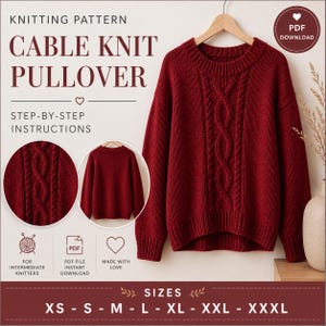 Könnte beinhalten: Ein roter Zopfmuster-Pullover, präsentiert auf einem Holzkleiderbügel. Der Pullover hat ein zentrales Zopfmuster und gerippte Bündchen. Der Text lautet "Cable Knit Pullover" und "Step-by-Step Instructions". Größen XS bis XXXL.