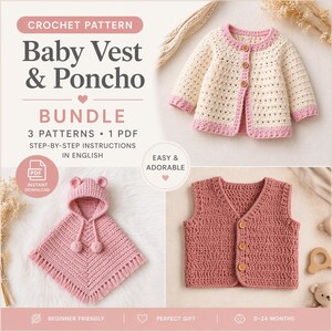 Könnte beinhalten: Ein Häkelmuster-Bundle für eine Babyweste und einen Poncho. Das Bild zeigt eine cremefarbene Strickjacke mit rosa Besatz, eine rosa Weste und einen rosa Poncho mit Kapuze. Der Text lautet "Baby Vest & Poncho Bundle" und "Beginner Friendly."