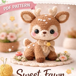 Könnte beinhalten: Ein Häkelmuster für ein süßes Reh, mit dem Text "Crochet Pattern" und "Sweet Fawn". Das Reh ist braun und weiß, mit großen schwarzen Augen und einer Schleife. Das Muster ist ein PDF und mit "Easy Crochet" gekennzeichnet.