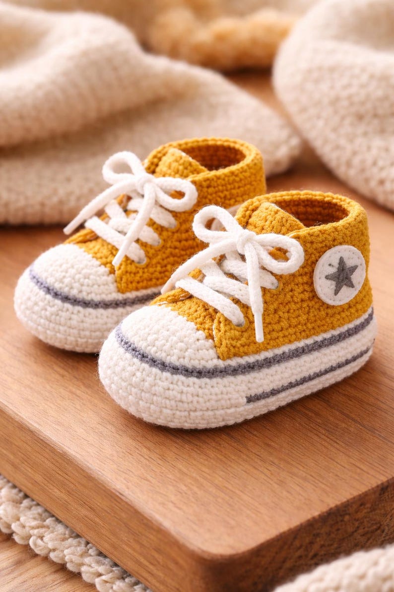 May include: A pair of handmade, crochet baby trainers in mustard yellow, white, and grey. The high-top shoes feature white laces, a white toe cap, and a grey stripe. A small patch with a star is on the side.