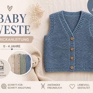 Könnte beinhalten: Eine blaue gestrickte Babyweste mit V-Ausschnitt und Holzknöpfen. Das Bild enthält den Text "BABY WESTE" und "0-4 JAHRE". Ein PDF-Download ist verfügbar. Die Weste ist Teil einer Strickanleitung mit Schritt-für-Schritt-Anleitungen, die für Anfänger geeignet sind.