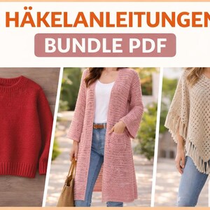 Könnte beinhalten: Bild mit drei Häkelkleidungsstücken: einem roten Pullover, einer langen rosa Strickjacke und einem beigen Poncho mit Fransen. Der Text "HÄKELANLEITUNGEN BUNDLE PDF" steht oben, mit dem Etsy-Logo unten rechts.
