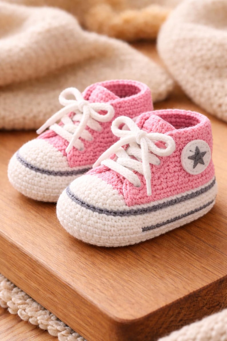 May include: Hand-crocheted baby sneakers in pink and white. The shoes feature white laces, a grey stripe around the sole, and a star patch. They are displayed on a wooden surface. A charming gift idea.