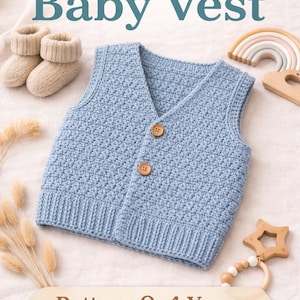 Könnte beinhalten: Hellblaue gehäkelte Babyweste mit zwei Holzknöpfen, kombiniert mit passenden Babyschuhen. Das Bild enthält den Text "Crochet Baby Vest" und "Pattern 0-4 Years". Ein Holzregenbogen und ein sternförmiger Beißring sind ebenfalls zu sehen.