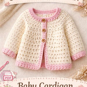 Könnte beinhalten: Cremefarbene Baby-Strickjacke mit rosa Einfassung und Holzknöpfen. Das Häkelmuster ist sichtbar, mit rundem Ausschnitt und langen Ärmeln. Der Text "CROCHET PATTERN" ist oben abgebildet.