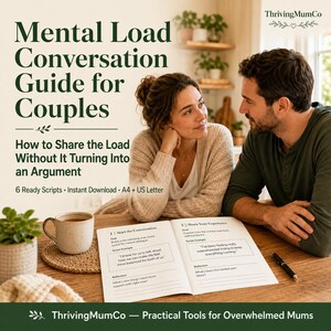 May include: A couple sits at a wooden table, looking at each other while reviewing a "Mental Load Conversation Guide for Couples." The guide is open to a page with prompts. A cup of coffee and a pen are also on the table. The guide is designed to help couples share the load.