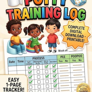 May include: A colorful potty training log with the words "POTTY TRAINING LOG" at the top. The image features cartoon children, a roll of toilet paper, and a pair of training pants. The log includes a chart to track progress, with the text "EASY 1-PAGE TRACKER!"