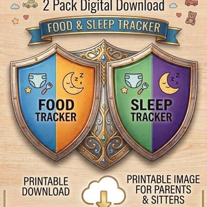 May include: A digital download graphic with the text "BABYSITTER TRACKER" and "FOOD & SLEEP TRACKER." The design features two shield-shaped trackers, one for food and one for sleep, with related icons. The words "PRINTABLE DOWNLOAD" and "PREMIUM DIGITAL DESIGN" are also included.