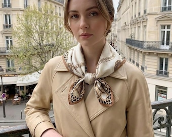 Beige Satin Silk Feel Square Scarf, Elegant Printed Hair Wrap, Chic Bag Accessory (70x70cm)