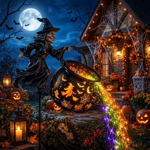 May include: A black witch figurine holding a cauldron on a metal stake. The cauldron features cutouts of witches, bats, and spiderwebs, with a cascade of multicolored LED fairy lights pouring out of it, creating a glowing Halloween garden decoration.