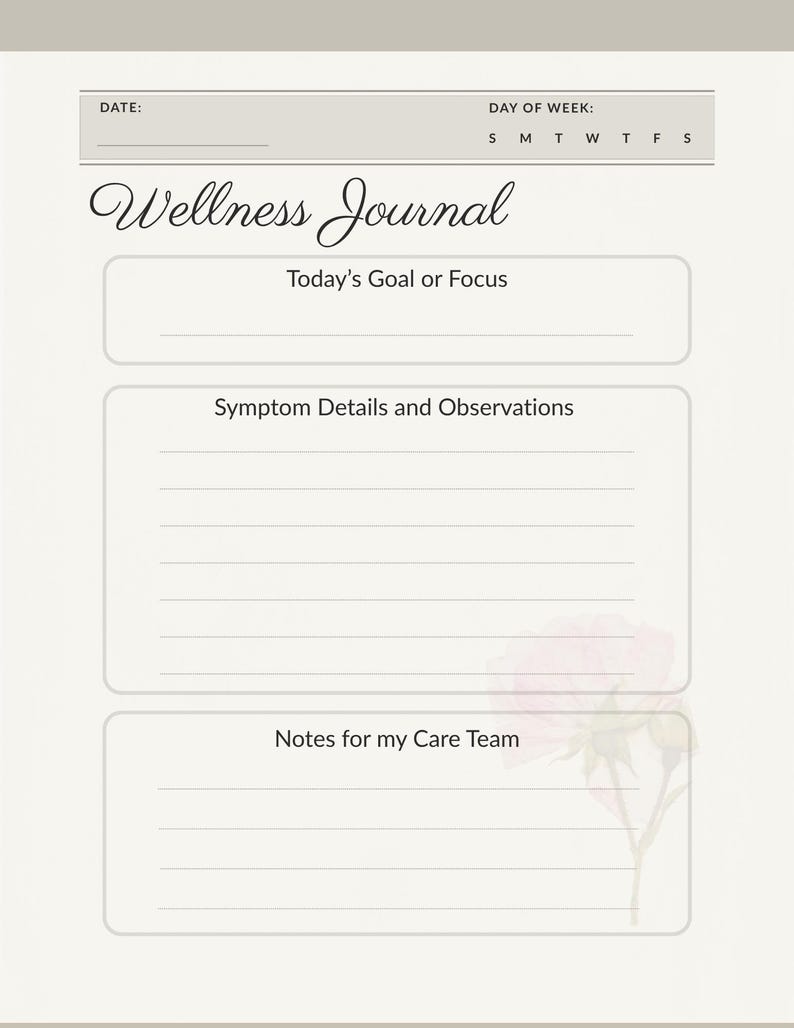 Daily Wellness Journal Printable | Symptom Log, Care Notes (PDF ...