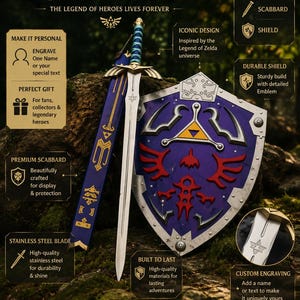 May include: A sword, scabbard, and shield set with a blue and gold handle, a stainless steel blade, and a purple shield with red accents. The text reads "Engraved Your Loves One Name" and "The Legend of Heroes Lives Forever."