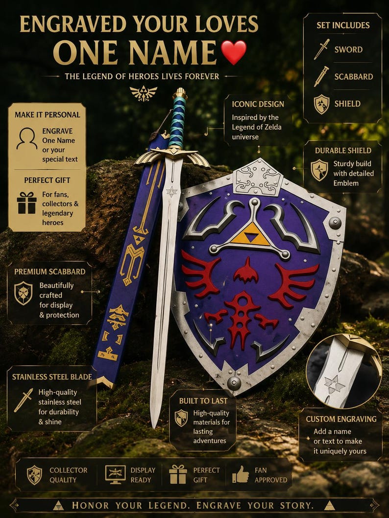 May include: A sword, scabbard, and shield set with a blue and gold handle, a stainless steel blade, and a purple shield with red accents. The text reads "Engraved Your Loves One Name" and "The Legend of Heroes Lives Forever."