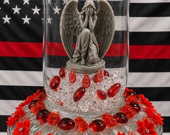 Handcrafted Glass Vase with Angel Figurine and Red Gemstone Accents – First Responder Gift
