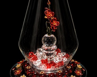 Handcrafted Glass Vase Centerpiece with red crystal flowers 12 inch tall