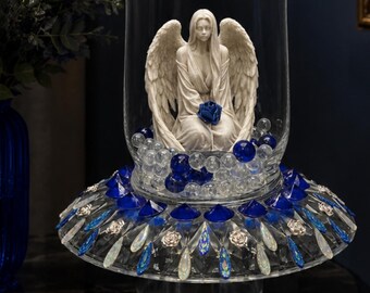 Handcrafted Glass Vase Centerpiece with  angel figurine and gemstone accents.12 inch high.