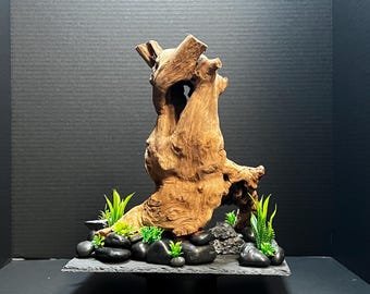 Aquarium/terrarium Driftwood on slate base with Seiryu stone. “Tree Stump”.