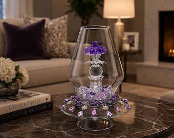 Handcrafted Glass Vase Centerpiece with a purple crystal rose and gemstone accents.12 inch high.