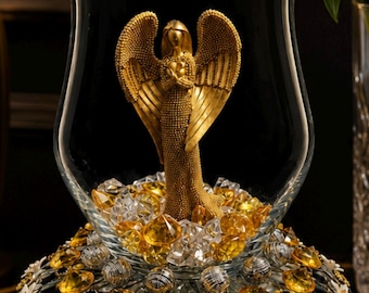 Handcrafted Glass Vase Centerpiece with silver angel and gemstone accents.12 inch tall